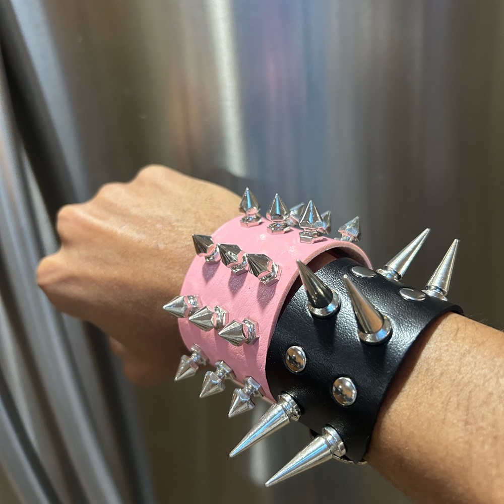 2 PCs faux leather Gothic spike Punk Bracelets Black and pink